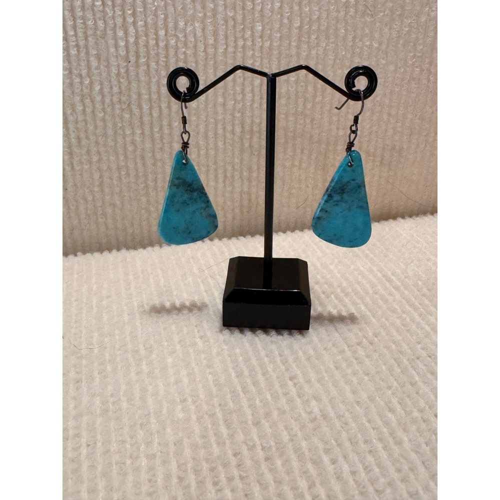 Natural Turquoise Slab Earrings Blue Stone Wire Wrapped Boho Drop Dangle 003